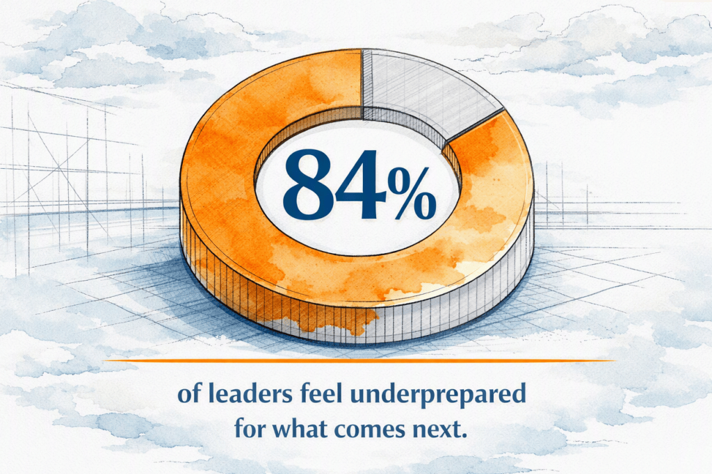 A graphic showing a circular chart with the statistic '84%' highlighted, indicating that the majority of leaders feel underprepared for future challenges.